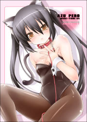 Rule 34 | 1girl, animal ears, bad id, bad pixiv id, bare shoulders, black hair, blush, brown eyes, cat ears, cat tail, collar, k-on!, kittysuit, leash, leotard, long hair, moyuru, nakano azusa, nontraditional playboy bunny, pantyhose, solo, tail, twintails