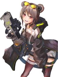 Rule 34 | 1girl, absurdres, black choker, black gloves, black thighhighs, blush, breasts, brown dress, bullpup, choker, commentary, commission, double bun, dress, eyewear on head, feet out of frame, girls&#039; frontline, gloves, gun, hair bun, hair ornament, hairclip, highres, holding, holding gun, holding weapon, leaning forward, light brown hair, looking at viewer, medium breasts, open mouth, p90, p90 (girls&#039; frontline), pixiv commission, r9k1, red eyes, short hair, smile, solo, standing, submachine gun, sunglasses, teeth, thighhighs, upper teeth only, weapon, white background