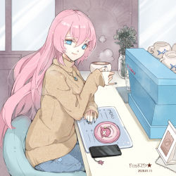Rule 34 | 1girl, animal print, bag, blue eyes, blue nails, brown sweater, cellphone, character print, chinese commentary, coffee, commentary request, cup, denim, fish print, funkid, holding, holding cup, indoors, jeans, jewelry, charm (object), latte art, looking at viewer, megurine luka, mixed-language commentary, nail polish, necklace, pants, partial commentary, phone, pink hair, plant, sitting, smartphone, smile, solo, steam, sweater, takoluka, vase, vocaloid