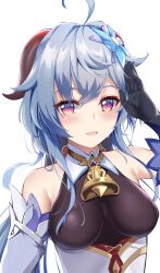 Rule 34 | 1girl, :d, ahoge, bare shoulders, black gloves, blue hair, blush, breasts, commentary request, detached sleeves, ganyu (genshin impact), genshin impact, gloves, hair ornament, hand up, highres, horns, large breasts, long hair, looking at viewer, open mouth, purple eyes, smile, solo, upper body, watchimen