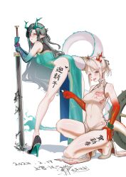 Rule 34 | 2girls, absurdres, arknights, arm tattoo, armlet, bare shoulders, bent over, black hair, blush, body writing, bracelet, braid, breasts, calligraphy brush, china dress, chinese clothes, covered navel, dated, dragon girl, dragon horns, dragon tail, dress, dusk (arknights), earrings, embarrassed, eyeliner, hair over one eye, high heels, highres, holding, holding sword, holding weapon, horns, huge weapon, jewelry, kneepits, legs, long hair, looking at viewer, makeup, medium breasts, multicolored hair, multiple girls, nian (arknights), orange eyes, paintbrush, pelvic curtain, pointy ears, purple eyes, red eyeliner, shangguanzhuhanyi, short hair, siblings, single braid, sisters, smile, squatting, streaked hair, sword, tail, tassel, tassel earrings, tattoo, tongue, tongue out, weapon, white background, white hair