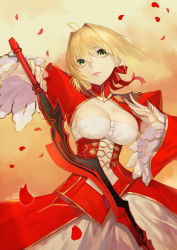 Rule 34 | 10s, 1girl, absurdres, ahoge, blonde hair, breasts, cleavage, dress, fate/extra, fate/grand order, fate (series), green eyes, hair between eyes, hair intakes, hair ribbon, head tilt, highres, holding, holding sword, holding weapon, jam (nandade), large breasts, nero claudius (fate), nero claudius (fate) (all), nero claudius (fate/extra), parted lips, petals, red ribbon, ribbon, short hair, solo, strapless, strapless dress, sword, weapon
