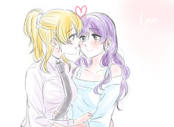Rule 34 | 2girls, airen, alternate costume, ayase eli, blush, collared shirt, couple, eye contact, flirting, green eyes, heart, looking at another, love live!, love live! school idol project, multiple girls, necktie, simple background, tojo nozomi, white background, yuri