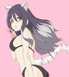 Rule 34 | 1girl, animal ears, bikini, black bikini, breasts, from side, highres, kuroha uma, long hair, looking at viewer, open mouth, pink background, princess connect!, shiori (princess connect!), solo, swimsuit, tail, tiger ears, tiger tail