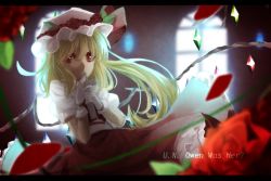 Rule 34 | 1girl, backlighting, blonde hair, blurry, blurry background, bow, cross, depth of field, english text, flandre scarlet, flower, frilled skirt, frills, gloves, hat, hat bow, hat flower, indoors, letterboxed, looking at viewer, mob cap, otoshiro kosame, petals, red eyes, red skirt, red vest, rose, rose petals, shirt, short hair, side ponytail, skirt, solo, song name, swing, touhou, vest, white gloves, white shirt, window