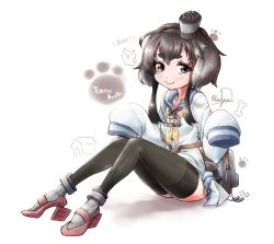 Rule 34 | 10s, 1girl, anchor, anchor symbol, animal hands, ankle boots, black eyes, black hair, black pantyhose, boots, character name, commentary request, eyebrows, gradient hair, hairband, high heel boots, high heels, kantai collection, looking at viewer, multicolored hair, owju (ouju), pantyhose, school uniform, serafuku, shirt, short hair, short hair with long locks, sitting, sleeves past wrists, smile, solo, sparkle, thighhighs, tied shirt, tokitsukaze (kancolle)