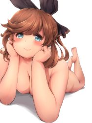 Rule 34 | 10s, 1girl, bad id, bad pixiv id, barefoot, blue eyes, blush, breasts, brown hair, clarisse (granblue fantasy), cleavage, granblue fantasy, hair ribbon, highres, legs up, lips, looking at viewer, lying, medium breasts, munimuni kinoko, nude, on stomach, ribbon, shadow, short hair, simple background, smile, solo, the pose, white background