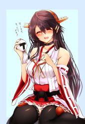 Rule 34 | 10s, 1boy, 1girl, admiral (kancolle), bare shoulders, black hair, black thighhighs, blue background, blush, breasts, character doll, choker, closed eyes, collarbone, detached sleeves, frilled skirt, frills, hair between eyes, hair ornament, hairclip, haruna (kancolle), headgear, highres, kantai collection, large breasts, long hair, nontraditional miko, red skirt, ribbon-trimmed sleeves, ribbon trim, sitting, skirt, smile, solo focus, teruterubouzu, thighhighs, translation request, tsukui kachou, wariza, wide sleeves