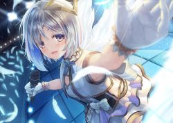 Rule 34 | 1girl, amane kanata, angel, angel wings, bare shoulders, blurry, blurry background, blush, dress, feathered wings, feathers, gloves, halo, highres, hololive, idol clothes, looking at viewer, microphone, open mouth, purple eyes, short hair, silver hair, smile, solo, stage, stage lights, star halo, sweat, virtual youtuber, windfeathers, wings