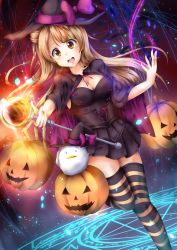 Rule 34 | 10s, 1girl, absurdres, black dress, black hat, bow, breasts, brown eyes, brown hair, cape, cleavage, dress, floating hair, halloween, halloween costume, hat, highres, holding, jack-o&#039;-lantern, kuria (clear trip second), leg up, long hair, looking at viewer, love live!, love live! school idol festival, love live! school idol project, magic circle, medium breasts, minami kotori, open mouth, pumpkin, purple bow, shiny skin, sleeveless, sleeveless dress, solo, staff, striped clothes, striped thighhighs, thighhighs, zettai ryouiki