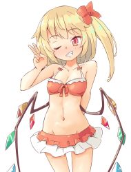 Rule 34 | 1girl, arm behind back, arnest, bandeau, bikini, blonde hair, blush, bow, breasts, cleavage, collarbone, commentary request, cowboy shot, crystal, fang, flandre scarlet, front-tie bikini top, front-tie top, grin, groin, hair bow, halterneck, hand up, highres, long hair, looking at viewer, medium breasts, microskirt, navel, no headwear, one eye closed, one side up, red bikini, red bow, red eyes, red skirt, simple background, skirt, smile, solo, standing, stomach, swimsuit, thighs, touhou, v, white background, wings