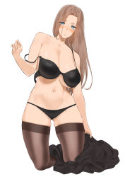 Rule 34 | 1girl, bare shoulders, black thighhighs, blue eyes, blush, bra, breasts, brown hair, cameltoe, cleavage, collarbone, dress around one leg, edea (throtem), gluteal fold, hair over one eye, highres, kneeling, large breasts, long hair, looking at viewer, maid, navel, original, panties, parted lips, simple background, solo, stomach, strap slip, thighhighs, throtem, underwear, white background