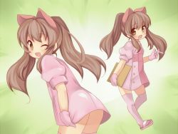 Rule 34 | 1girl, ak1222dece, aloe, animal ears, ass, blush, bow, brown eyes, brown hair, child, clipboard, dress, gloves, long hair, looking back, no panties, nurse, one eye closed, open mouth, pink thighhighs, quiz magic academy, smile, syringe, thighhighs, twintails, uniform, wink, zettai ryouiki