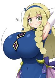 Rule 34 | 1girl, alternate breast size, armpits, blonde hair, blunt bangs, braid, breasts, creatures (company), game freak, green eyes, highres, huge breasts, jaga334, lillie (anniversary 2021) (pokemon), lillie (pokemon), long hair, nintendo, official alternate costume, oppai loli, pokemon, pokemon masters ex, simple background, solo, twin braids, white background