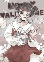 Rule 34 | 1girl, absurdres, ao moke, artist name, black hair, bowl, brown overalls, buttons, closed mouth, collared dress, commentary, cream, dated, double bun, dough, dress, earrings, english text, food, food on face, frilled dress, frilled shirt collar, frills, grey background, hair bun, happy valentine, head tilt, heart, highres, holding, holding bowl, holding whisk, jewelry, licking lips, long sleeves, looking at viewer, mixing bowl, neck ribbon, original, overalls, ribbon, short hair, sidelocks, sketch, sleeve cuffs, solo, tongue, tongue out, whisk, white dress, white ribbon
