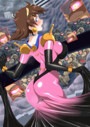 Rule 34 | 1girl, ass, blush, bodysuit, breasts, brown hair, earrings, embarrassed, from behind, g gundam, gundam, hairband, highres, jewelry, koutarou (plusdrive), large breasts, latex, latex bodysuit, looking back, materializing, mobile trace suit, multicolored clothes, open mouth, pink bodysuit, rain mikamura, shiny skin, short hair, skin tight, solo, standing, struggling