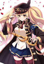 Rule 34 | 1girl, adjusting clothes, adjusting headwear, black hat, blonde hair, blue skirt, breasts, brown eyes, child (isoliya), granblue fantasy, hat, highres, holding, holding sword, holding weapon, large breasts, long hair, looking at viewer, monika weisswind, pleated skirt, skirt, solo, sword, thighhighs, twintails, very long hair, weapon