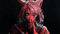 Rule 34 | 1girl, absurdres, ahoge, alternate costume, animal ear fluff, animal ears, black background, cliff unger, death stranding, dirty, dirty face, fox ears, fox girl, green eyes, highres, hololive, hyde (tabakko), leaking, shirakami fubuki, simple background, solo, surgical scar, virtual youtuber, white hair