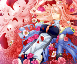 Rule 34 | 1girl, alternate costume, arc system works, blazblue, blazblue: continuum shift, cosplay, closed eyes, flower, framed breasts, long hair, lying, noel vermillion, noel vermillion (cosplay), on back, pink flower, pink hair, pink rose, purin0505, red flower, red rose, rose, solo, thighhighs, torn clothes, tsubaki yayoi, yuaa