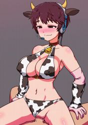 Rule 34 | 10s, 1boy, 1girl, animal ears, animal print, animated, animated gif, bad animation, bell, neck bell, breasts, brown eyes, brown hair, collar, cow ears, cow horns, cow print, cow tail, elbow gloves, gloves, headset, highres, horns, idolmaster, idolmaster cinderella girls, large breasts, maggea22, navel, nipples, oikawa shizuku, pussy, tail, uncensored