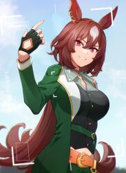 Rule 34 | 1girl, animal ears, belt, black gloves, black shirt, blurry, breasts, brown hair, buttons, cloud, collared shirt, day, depth of field, fingerless gloves, gloves, green jacket, green pants, grin, hand up, highres, horse ears, horse girl, horse tail, jacket, long hair, looking at viewer, medium breasts, nanaheibei 3, outdoors, pants, pendant choker, red eyes, shirt, sirius symboli (umamusume), smile, solo, tail, umamusume, upper body, viewfinder