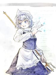 Rule 34 | 1girl, apron, blue eyes, commentary, highres, holding, jikokenjiyoku 1, lapel pin, letty whiterock, light purple hair, long sleeves, looking to the side, polearm, simple background, smile, solo, touhou, traditional media, trident, waist apron, weapon, white apron, white background, white headwear