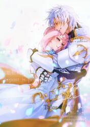 Rule 34 | 1boy, 1girl, alphen (tales), blue eyes, blush, braid, closed eyes, couple, crying, crying with eyes open, dress, gloves, gold trim, grey hair, hug, jacket, nukegara102, parted lips, petals, pink hair, shionne (tales), smile, tales of (series), tales of arise, tears, upper body, white background, white dress, white jacket