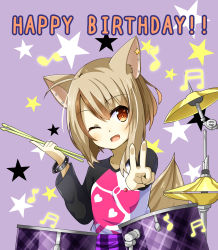 Rule 34 | 1girl, ;d, animal ears, brown eyes, chaakusu, collar, drum, drum set, drumsticks, ear piercing, fennery, fennery (show by rock!!), fox ears, fox tail, happy birthday, highres, instrument, light brown hair, long sleeves, musical note, one eye closed, open mouth, piercing, short hair, show by rock!!, skull print, smile, star (symbol), tail, v