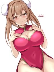 Rule 34 | 1girl, alternate costume, breasts, brown eyes, bun cover, china dress, chinese clothes, dated, double bun, dress, dutch angle, hair bun, hair flaps, highres, kantai collection, large breasts, light brown hair, long hair, looking at viewer, montemasa, murasame (kancolle), pelvic curtain, red dress, ribbon, sitting, sleeveless, sleeveless dress, smile, twintails, twitter username, white background