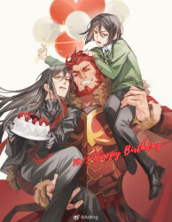 Rule 34 | 3boys, adling, ancient greek clothes, anger vein, balloon, beard, cake, carrying multiple people, carrying person, cowboy shot, facial hair, fate/grand order, fate (series), food, greco-roman clothes, grin, happy birthday, holding, holding balloon, iskandar (fate), iskandar (fate) (third ascension), jitome, lifting person, lord el-melloi ii, love triangle, male focus, mature male, multiple boys, muscular, muscular male, one armed carry, red eyes, red hair, sitting on shoulder, size difference, smile, strawberry cake, thick eyebrows, unamused, waver velvet, yaoi