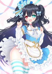 Rule 34 | 1girl, :d, animal ears, apron, black hair, blue bow, blue dress, blush, bow, breasts, choker, collarbone, collared shirt, commentary request, commission, dress, frilled apron, frilled dress, frills, green eyes, grey bow, hair between eyes, hair bow, hands up, heterochromia, highres, layered sleeves, long hair, long sleeves, open mouth, original, pink background, puffy long sleeves, puffy short sleeves, puffy sleeves, rabbit ears, red eyes, shikito (yawa0w0), shirt, short over long sleeves, short sleeves, skeb commission, small breasts, smile, solo, striped clothes, striped thighhighs, thighhighs, treble clef, two side up, very long hair, waist apron, white apron, white choker, white shirt