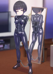 Rule 34 | 1girl, ankle cuffs, arms behind back, bdsm, black hair, blurry, blurry background, bodysuit, bondage, bound, bound arms, breasts, chain, closed mouth, commentary request, corset, full body, half-closed eyes, highres, idolmaster, idolmaster cinderella girls, latex, latex bodysuit, lolicom, looking at viewer, medium breasts, mirror, monoglove, purple eyes, shiny clothes, shirayuki chiyo, short hair, skin tight, solo, standing
