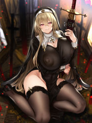 Rule 34 | 1girl, black thighhighs, blonde hair, breasts, brown thighhighs, cleavage, covered erect nipples, cross, cross-shaped pupils, hair between eyes, highres, houtengeki, huge breasts, lace, lace-trimmed legwear, lace trim, large areolae, long hair, looking at viewer, mary janes, no bra, nun, original, pelvic curtain, pink eyes, scabbard, see-through, sheath, shoes, sitting, smile, solo, sword, symbol-shaped pupils, thighhighs, veil, very long hair, weapon