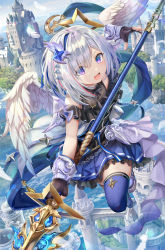 Rule 34 | 1girl, amane kanata, amane kanata (work), angel, angel wings, black gloves, black shirt, blue eyes, blue hair, blue skirt, blue thighhighs, castle, commentary request, day, eyes visible through hair, feathered wings, feathers, flying, frilled skirt, frills, gloves, gradient eyes, hairband, halo, highres, holding, holding lance, holding polearm, holding spear, holding weapon, hololive, lance, multicolored eyes, multicolored hair, open mouth, outdoors, partially fingerless gloves, pink hair, pleated skirt, polearm, purple eyes, shirt, short hair, skirt, solo, spear, star halo, streaked hair, thighhighs, torino aqua, virtual youtuber, weapon, white hair, white wings, wings