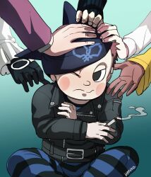 Rule 34 | 3boys, 3girls, akamatsu kaede, animal ear headwear, animal ears, artist name, beanie, belt, belt buckle, black belt, black eyes, black gloves, black headwear, black jacket, black jumpsuit, black sleeves, blanko!, blue background, blue jumpsuit, blush stickers, brown hair, buckle, buttons, cat ears, chin, cigarette, closed mouth, collared jacket, commentary, crossed arms, danganronpa (series), danganronpa v3: killing harmony, dark-skinned female, dark skin, english commentary, fake animal ears, feet out of frame, fingernails, frilled sleeves, frills, frown, gloves, gradient background, half-closed eyes, hand on another&#039;s head, hat, highres, holding, holding cigarette, hoshi ryoma, jacket, jumpsuit, layered sleeves, leather, leather jacket, long sleeves, looking at viewer, male focus, momota kaito, multiple boys, multiple girls, o-ring, one eye closed, outstretched hand, palms, petting, pink sleeves, pocket, prison clothes, saihara shuichi, short hair, simple background, sitting, sleeves past wrists, smoke, solo focus, striped jumpsuit, studded belt, sweatdrop, tapping shoulder, tojo kirumi, two-tone jumpsuit, v-shaped eyes, vertical-striped sleeves, very short hair, wavy mouth, white sleeves, yellow sleeves, yonaga angie, zipper