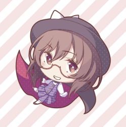 Rule 34 | 1girl, black hat, bow, brown-framed eyewear, brown eyes, brown footwear, brown hair, chibi, commentary request, diagonal stripes, eyelashes, fedora, full body, glasses, gloves, grin, hat, hat bow, legs apart, long sleeves, looking at viewer, lowres, midorino eni, outstretched arms, plaid, plaid skirt, plaid vest, pleated skirt, polka dot, purple skirt, purple vest, school uniform, semi-rimless eyewear, shirt, short hair, skirt, smile, solo, spread arms, striped, striped background, touhou, usami sumireko, vest, white bow, white gloves, white legwear, white shirt