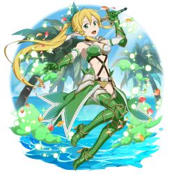 Rule 34 | 1girl, ;p, armor, armpits, bikini, bikini armor, blonde hair, boots, braid, breasts, brown bikini, cleavage, collarbone, elf, fairy, flower, full body, green armor, green bikini, green eyes, green ribbon, hair between eyes, hair ribbon, hibiscus, high heel boots, high heels, high ponytail, highres, holding, holding sword, holding weapon, jewelry, leafa, long hair, medium breasts, navel, official art, one eye closed, outstretched arm, palm tree, pointy ears, purple flower, red flower, ribbon, simple background, sitting, solo, sunglasses, swimsuit, sword, sword art online, thighhighs, toes, tongue, tongue out, transparent background, tree, twin braids, very long hair, waist cape, water, weapon, white-framed eyewear, white background