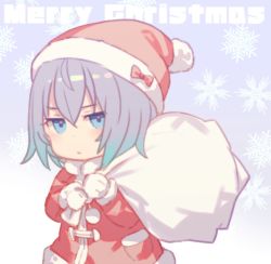 Rule 34 | 1girl, blue eyes, blue hair, blush, bow, christmas, closed mouth, dot nose, gloves, gradient hair, hat, hat bow, holding, holding sack, jacket, long sleeves, looking at viewer, medium hair, merry christmas, multicolored hair, purple hair, red bow, red jacket, ryuuou no oshigoto!, sack, santa costume, shirabi, snowflakes, solo, sora ginko, white gloves