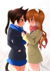 Rule 34 | 2girls, angela salas larrazabal, animal ears, backlighting, bad id, bad pixiv id, beige legwear, blue eyes, brown eyes, brown hair, brown legwear, catocala, cowboy shot, eye contact, from side, hands in hair, hands in pockets, horse girl, jacket, looking at another, multiple girls, parted lips, patricia schade, ponytail, scarf, simple background, skirt, smile, strike witches, strike witches: kurenai no majo-tachi, thighhighs, white background, world witches series, yuri