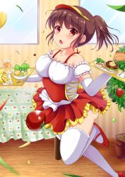 Rule 34 | 1girl, bad id, bad pixiv id, blush, brown eyes, brown hair, burger, cheese salami, elbow gloves, food, fork, gloves, indoors, moe2016, original, plant, potted plant, red footwear, red skirt, short hair, short ponytail, skirt, solo, standing, standing on one leg, table, thighhighs, tomato, tray, visor, waitress, white thighhighs