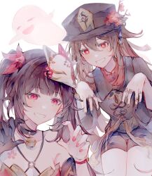 Rule 34 | 2girls, bare shoulders, black gloves, black hair, black headwear, black nails, boo tao (genshin impact), breasts, brown hair, cleavage, flower-shaped pupils, fox mask, genshin impact, ghost, ghost pose, gloves, hair between eyes, hat, highres, honkai: star rail, honkai (series), hu tao (genshin impact), jewelry, kvlen, long hair, looking at viewer, mask, multiple girls, multiple rings, open mouth, pink eyes, pink nails, red eyes, ring, sidelocks, simple background, single glove, small breasts, smile, sparkle (honkai: star rail), symbol-shaped pupils, upper body, white background