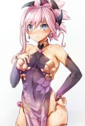 Rule 34 | 1girl, armpit crease, bare shoulders, blue eyes, blush, breasts, closed mouth, collarbone, commentary request, cosplay, cowboy shot, detached sleeves, earrings, fate/grand order, fate (series), frown, halterneck, hand on own hip, highres, jewelry, kama (fate), kama (fate) (cosplay), kama (first ascension) (fate), long hair, long sleeves, looking at viewer, medium breasts, miyamoto musashi (fate), navel, pink hair, ponytail, revealing clothes, samoore, see-through, sideboob, single sidelock, solo, sweat, thighlet