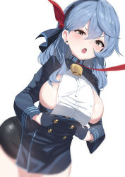Rule 34 | 1girl, ako (blue archive), bell, black gloves, black skirt, blue archive, blue eyes, blue hair, blue hairband, blue jacket, blurry, breasts, buttons, clothes pull, cowbell, cowboy shot, double-breasted, earrings, gloves, hair between eyes, hairband, half gloves, halo, jacket, jewelry, leash, miniskirt, neck bell, osanpo02, pulling own clothes, shirt, shirt pull, sideboob, skirt, white shirt