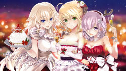 Rule 34 | 3girls, :d, ahoge, alternate costume, antlers, arm grab, artoria pendragon (all), artoria pendragon (fate), bare shoulders, blonde hair, blue eyes, blush, bow, bracelet, braid, breasts, cake, candy, candy cane, christmas, cleavage, collarbone, cup, dress, drinking glass, ep (emio parn), fate/apocrypha, fate/grand order, fate (series), flower, food, french braid, frills, gingerbread man, girl sandwich, gloves, green eyes, green gloves, hair between eyes, hair flower, hair ornament, hair over one eye, hairband, hand on another&#039;s shoulder, heart, highres, holding, holding cup, holding drinking glass, holding plate, holly, horns, jeanne d&#039;arc (fate), jeanne d&#039;arc (ruler) (fate), jewelry, large breasts, light, long hair, mash kyrielight, medium breasts, merry christmas, mistletoe, multiple girls, necklace, open mouth, plate, purple eyes, purple hair, red bow, ribbon, saber (fate), sandwiched, short hair, smile, snowing, star (symbol), strapless, strapless dress, very long hair, white bow, white dress, white gloves, white hair, wine glass