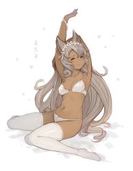 Rule 34 | 10s, 1girl, animal ears, arm behind head, armpits, bad id, bad pixiv id, blush, bra, breasts, character name, closed mouth, dark-skinned female, dark skin, erune, full body, granblue fantasy, green eyes, grey hair, hanarito, highres, long hair, looking at viewer, nemone, outstretched arm, panties, simple background, sitting, small breasts, smile, solo, thighhighs, underwear, underwear only, very long hair, wariza, white background, white bra, white panties, white thighhighs