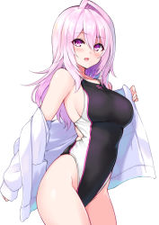 Rule 34 | 1girl, :d, bare shoulders, blush, breasts, competition swimsuit, cu-no, hair between eyes, highleg, highleg swimsuit, hisen kaede, jacket, large breasts, long hair, long sleeves, looking at viewer, off shoulder, one-piece swimsuit, open clothes, open jacket, open mouth, pink hair, purple eyes, sideboob, simple background, smile, solo, swimsuit, white background, yayoi sakura