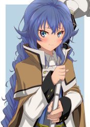 Rule 34 | 1girl, :t, absurdres, blue hair, blush, brown capelet, capelet, closed mouth, collared shirt, grey eyes, hair between eyes, highres, holding, holding staff, honba misaki, long hair, long sleeves, looking at viewer, mushoku tensei, roxy migurdia, shirt, solo, staff, upper body, very long hair, white shirt, wing collar