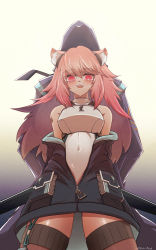 Rule 34 | 1girl, 1other, animal ears, arknights, armor, back-to-back, barcode, barcode tattoo, bare shoulders, black jacket, blush, breastplate, brown legwear, covered navel, cowboy shot, doctor (arknights), earpiece, gradient background, gravel (arknights), highres, jacket, long hair, looking at viewer, mouse ears, off shoulder, open clothes, open jacket, open mouth, pink eyes, pink hair, red eyes, shoulder tattoo, tattoo, thigh strap, very long hair, yodo rado