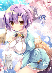 Rule 34 | 1girl, ahoge, animal, bare legs, bench, blue dress, blush, breasts, cat, cherry blossoms, collared shirt, commentary request, dress, finger to own chin, hair between eyes, hair ornament, highres, impossible clothes, long sleeves, looking at viewer, medium breasts, nanaroba hana, original, outdoors, petals, purple hair, shirt, short hair, sidelocks, sitting, solo, white shirt, yellow eyes
