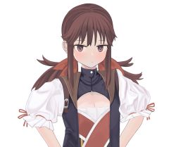 Rule 34 | 1girl, blush, brown hair, closed mouth, commentary request, dress, falcon (girls&#039; frontline), female focus, girls&#039; frontline, long hair, red eyes, ribbon, saiy0u, sidelocks, simple background, solo, upper body, white background